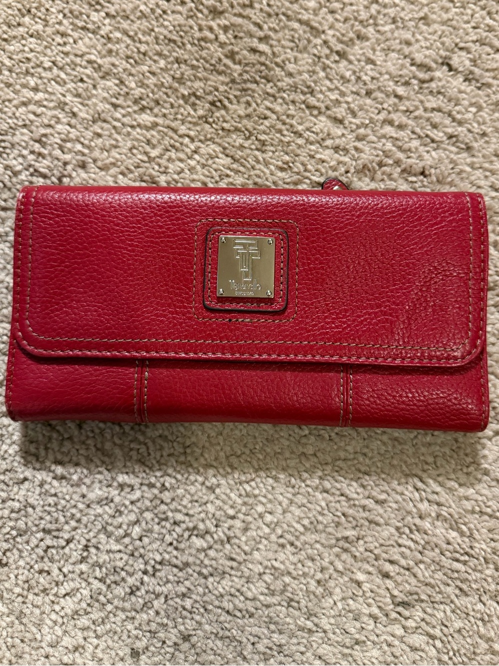 Tignanello Red Leather Continental Wallet with Gold Logo Plaque